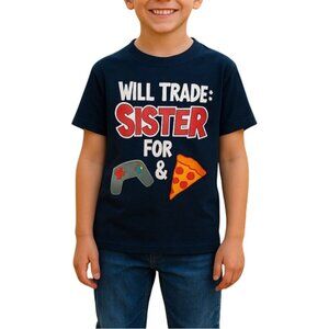 Boys Size Large 10-12 Shirt Will Trade Sister For Pizza & Gaming Tee Navy Blue